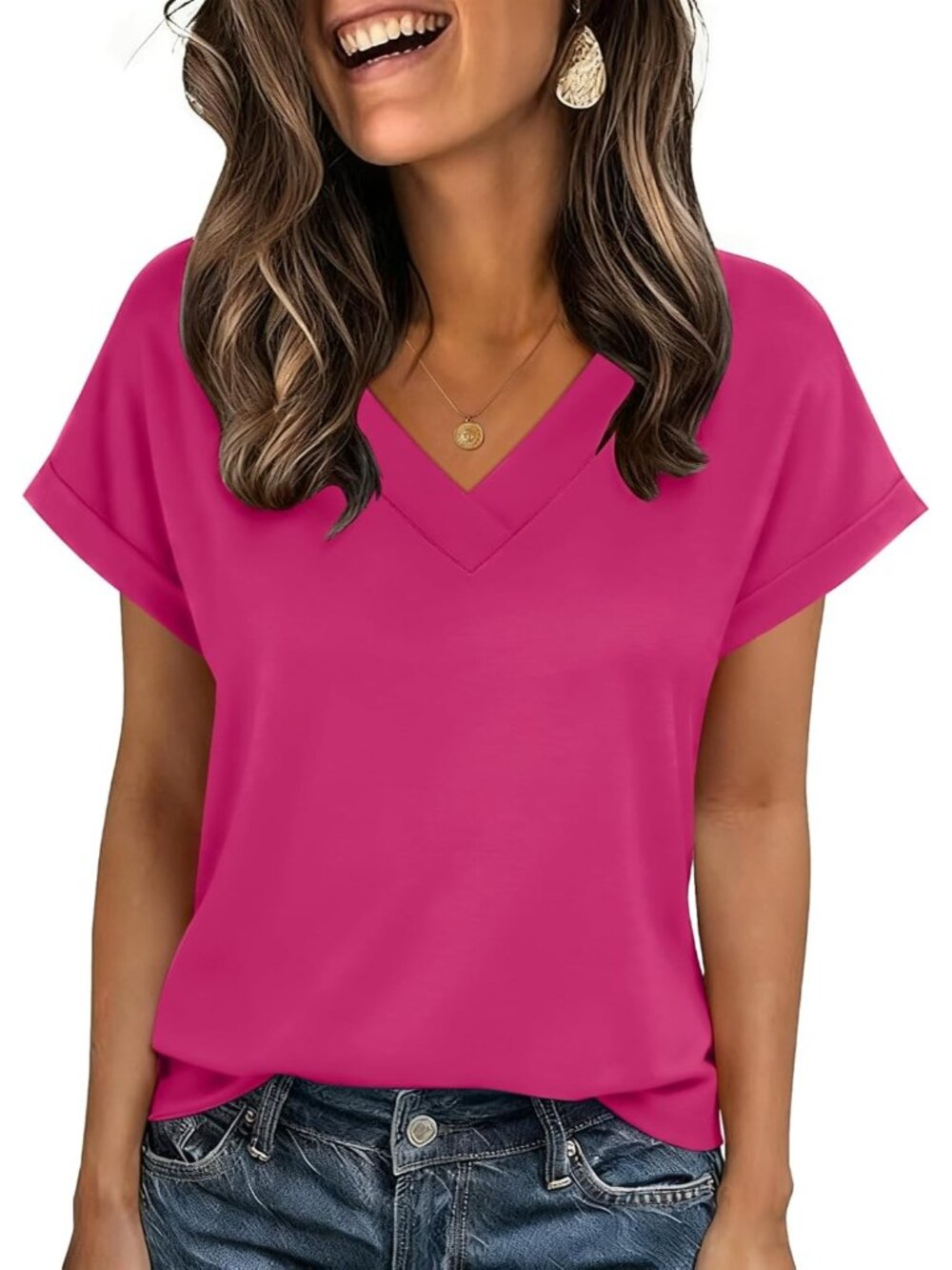 Women's Hot Pink Short Sleeve V Neck Basic Tees Shirts Casual Tops Blouses